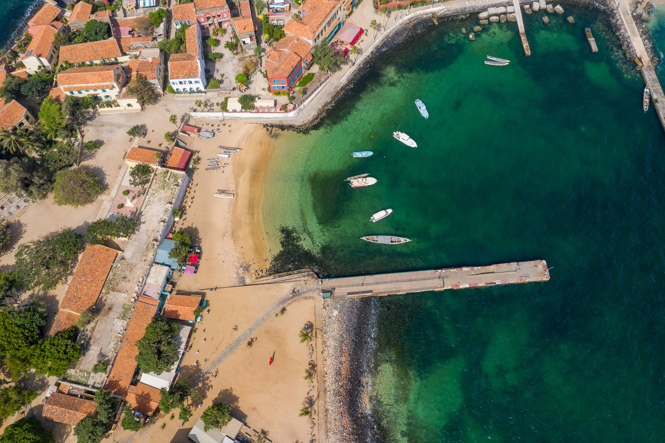 An aerial view of a coastal town.