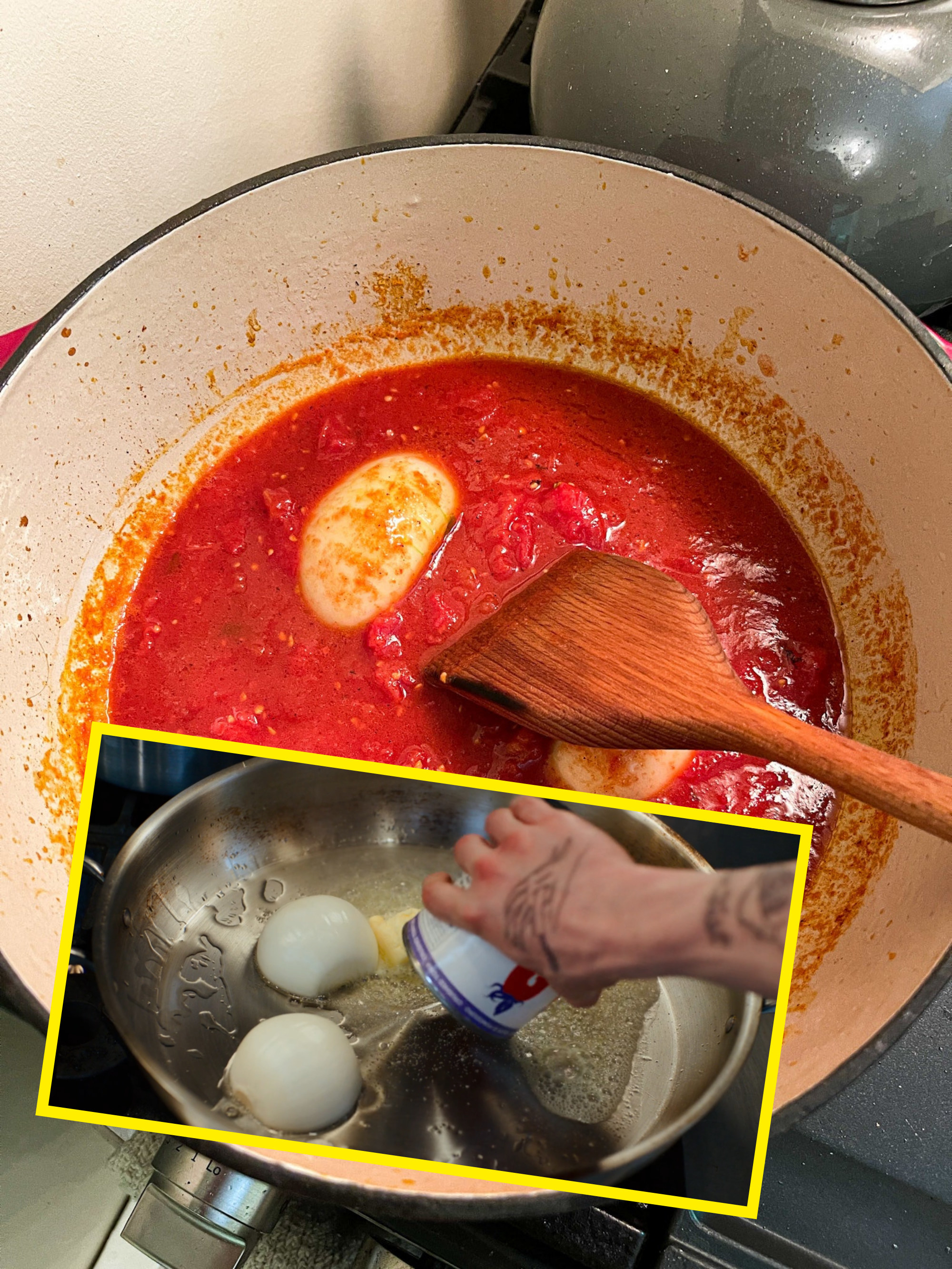 pot of tomato sauce cooking with image of sauce starting in the show