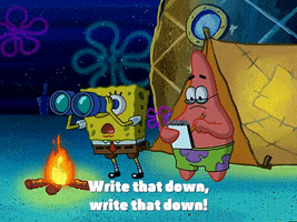 Spongebob and Patrick outside by fire with Spongebob looking through binoculars and saying &quot;write that down, write that down!&quot;
