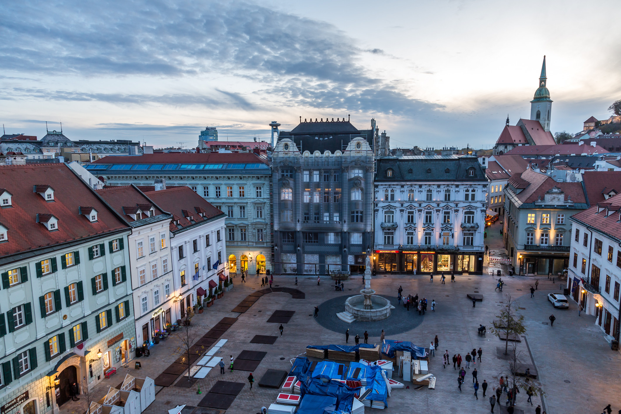 Aerial view of old town hall square at sunset.