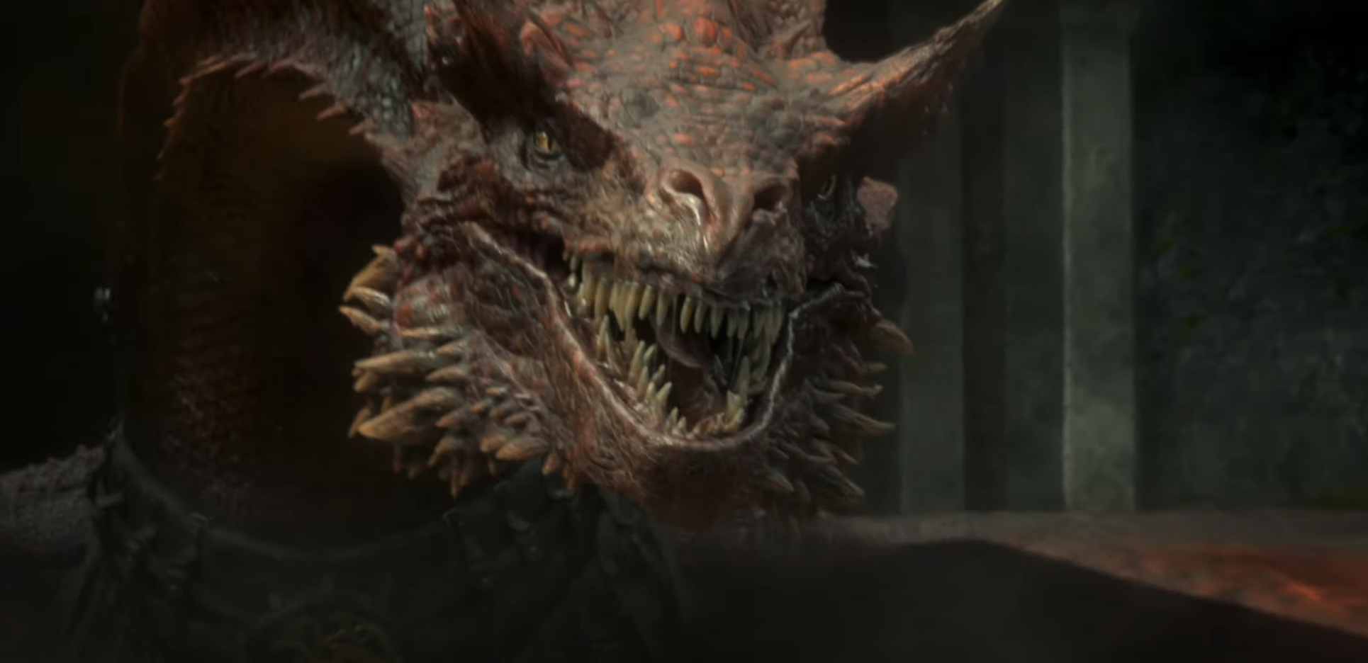 Closeup of a dragon baring its teeth