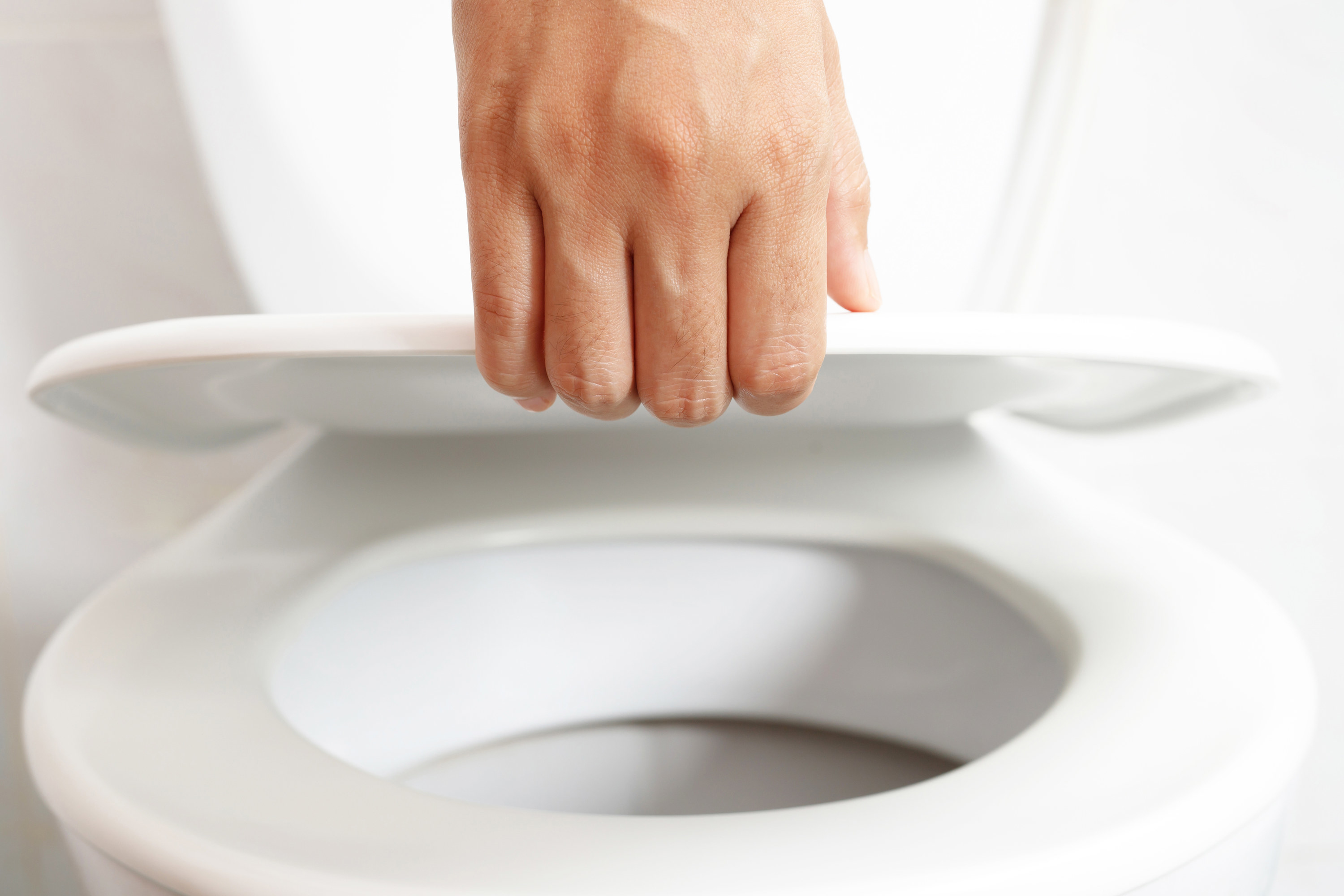 A hand raising a toilet seat cover