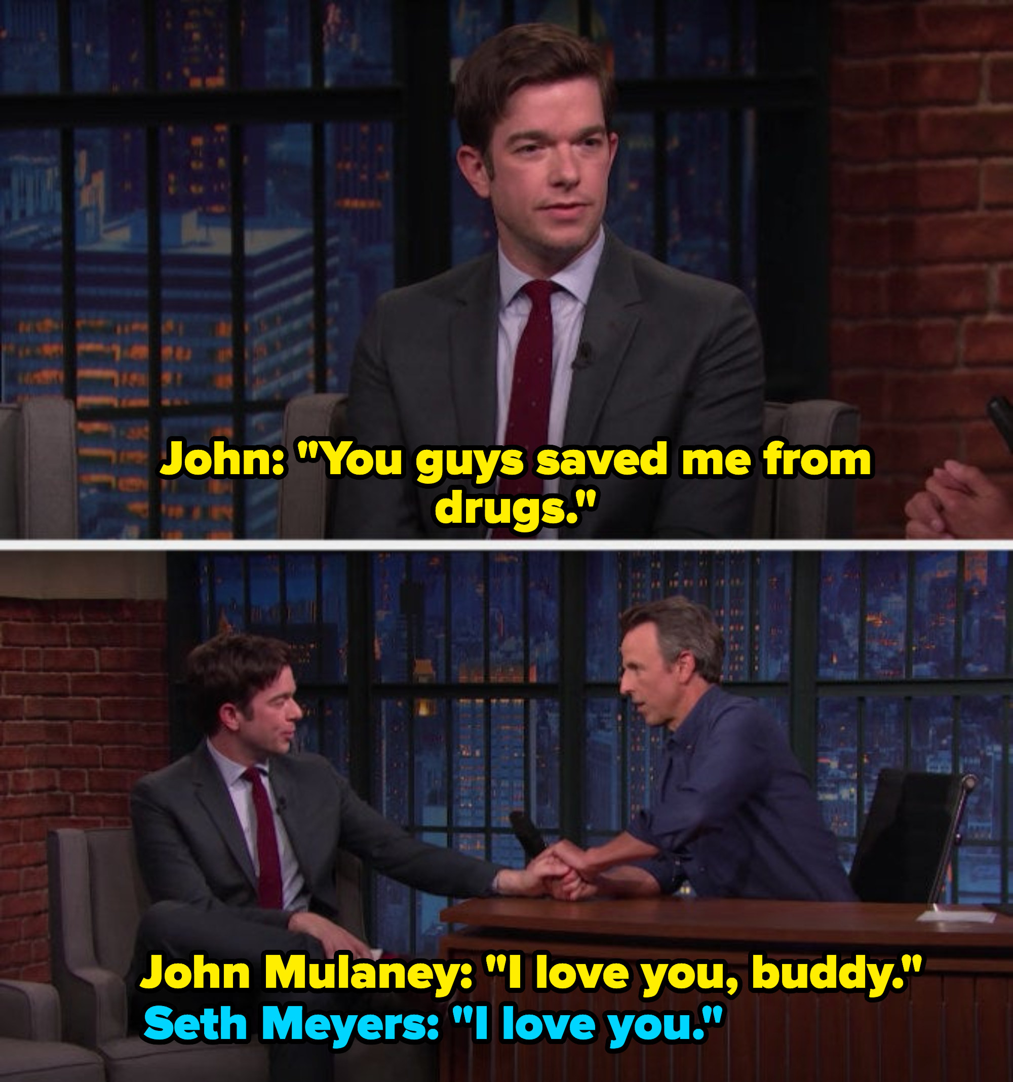 John Mulaney tells Seth Meyers he saved him from drugs and says he loves Seth