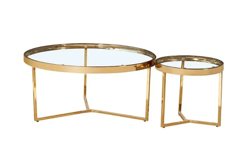 Set de 2 mesas con superficie de cristal y bordes dorados