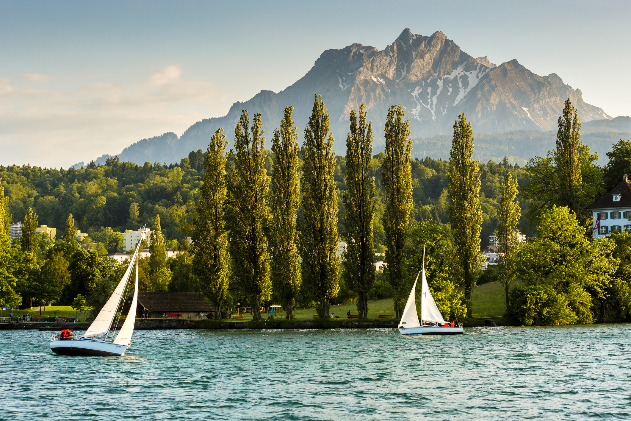Boats on Lake Lucerne with the Alps in the background.