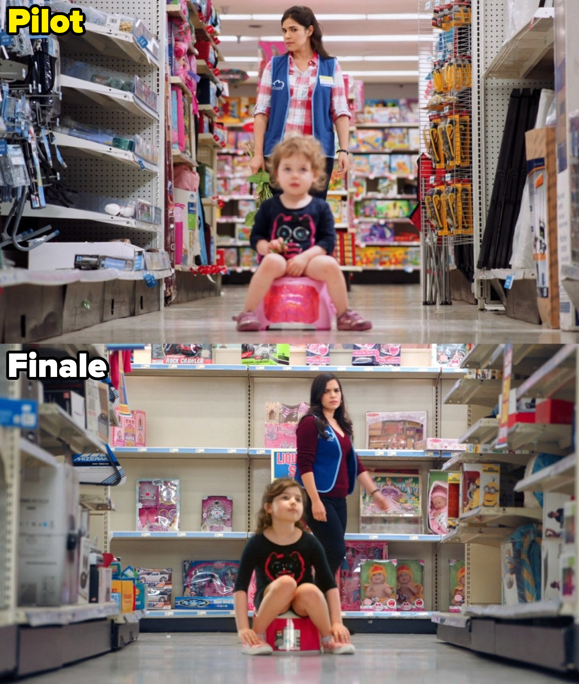 shots of a child sitting on a potty in both the premiere and finale of superstore