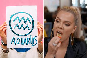 On the left, someone holding up a piece of paper with Aquarius written on it and an Aquarius symbol drawn above it, and on the right, Khloe Kardashian eating chips