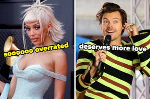 On the left, Doja Cat labeled soooooo overrated, and on the right, Harry Styles labeled deserves more love