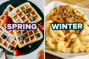 On the left, some waffles topped with strawberries and blueberries labeled spring, and on the right, some mac and cheese topped with bread crumbs and herbs labeled winter