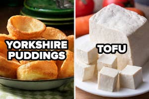 Some yorkshire puddings in a bowl and a plate of tofu