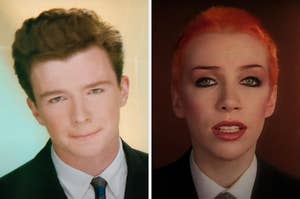 On the left, Rick Astley in the Together Forever music video, and on the right, Annie Lennox in the Sweet Dreams Are Made of This music video