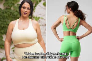 model wearing a matching cream sports bra and leggings set / back of model wearing a matching green sports bra and biker shorts set / text: This bra is so incredibly comfortable!  I am obsessed, I don't want to take it off!
