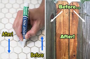 hand using grout pen to cover dirty grout with before & after labels on different parts of the tile / reviewer photo of wooden fence, the middle of which is clean wood, surrounded by dirtier gray wood on either side, with before & after labels