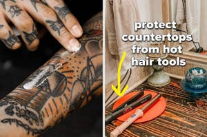 left image: person applying mad rabbit tattoo balm on arm, right image: safe grabs being used as a placemat for hot hair tools on bathroom counter