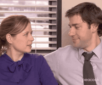 Jim from The Office leaning in to kiss Pam and her turning away