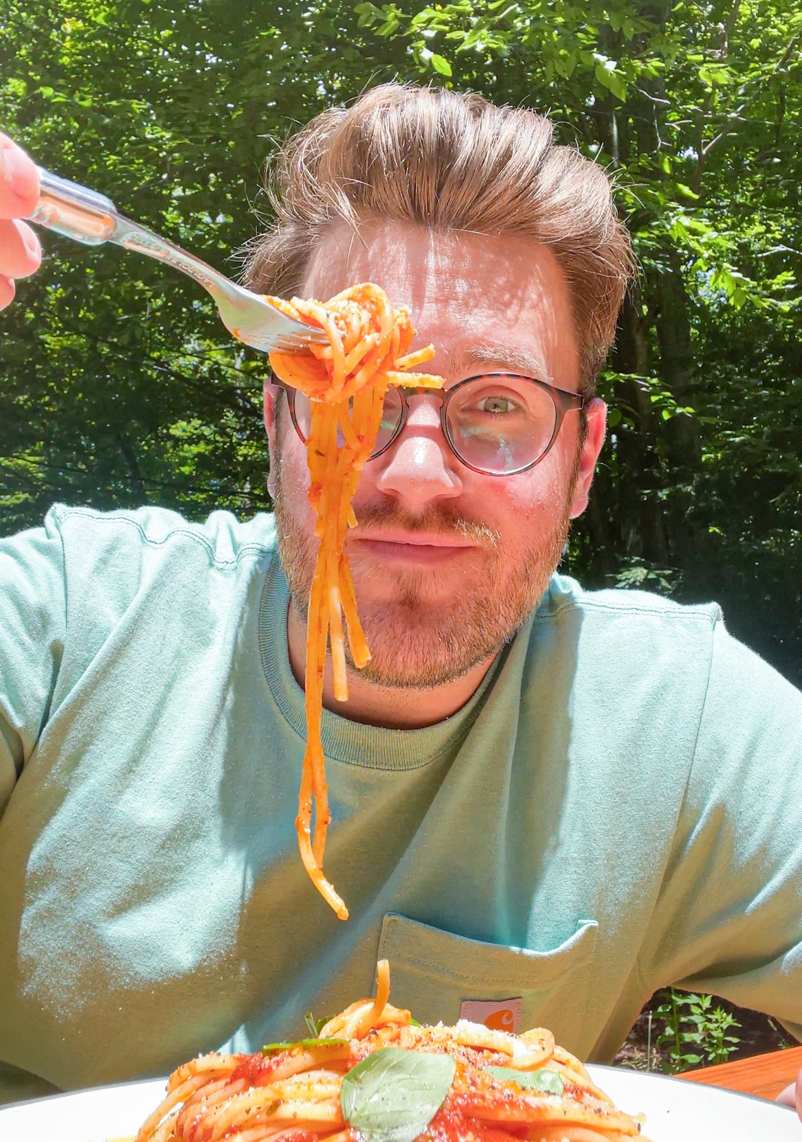 the author with a forkful of spaghetti