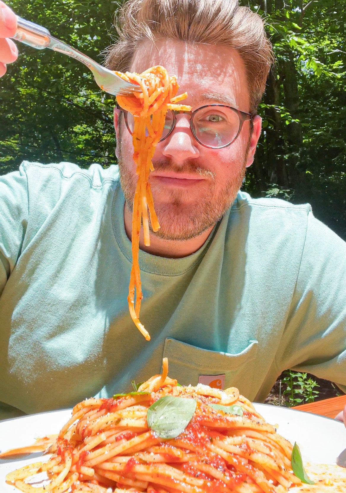 the author with a forkful of spaghetti