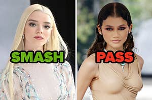 On the left, Anya Taylor-Joy labeled smash, and on the right, Zendaya labeled pass