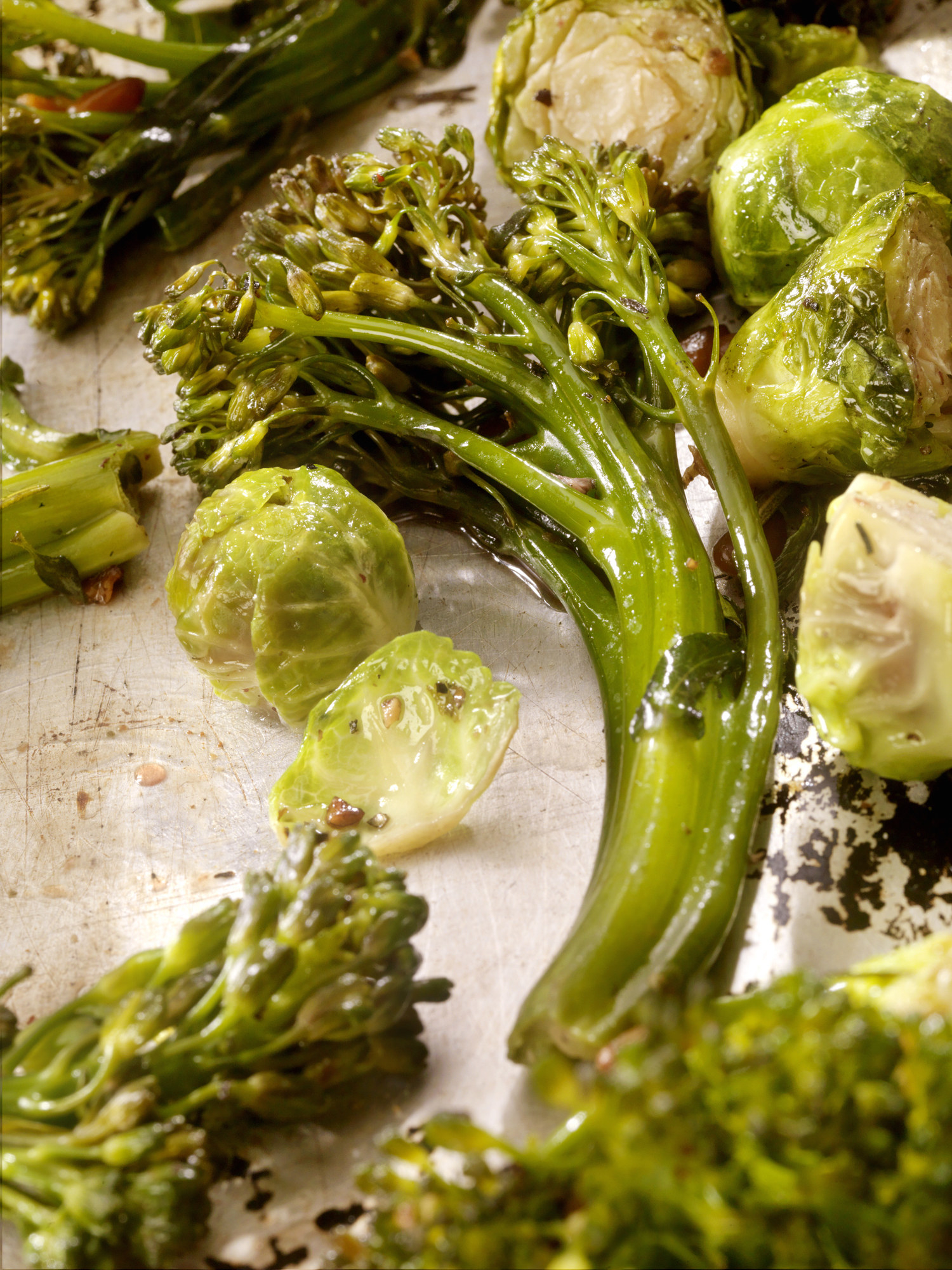 Roasted broccolini and Brussels sprouts.