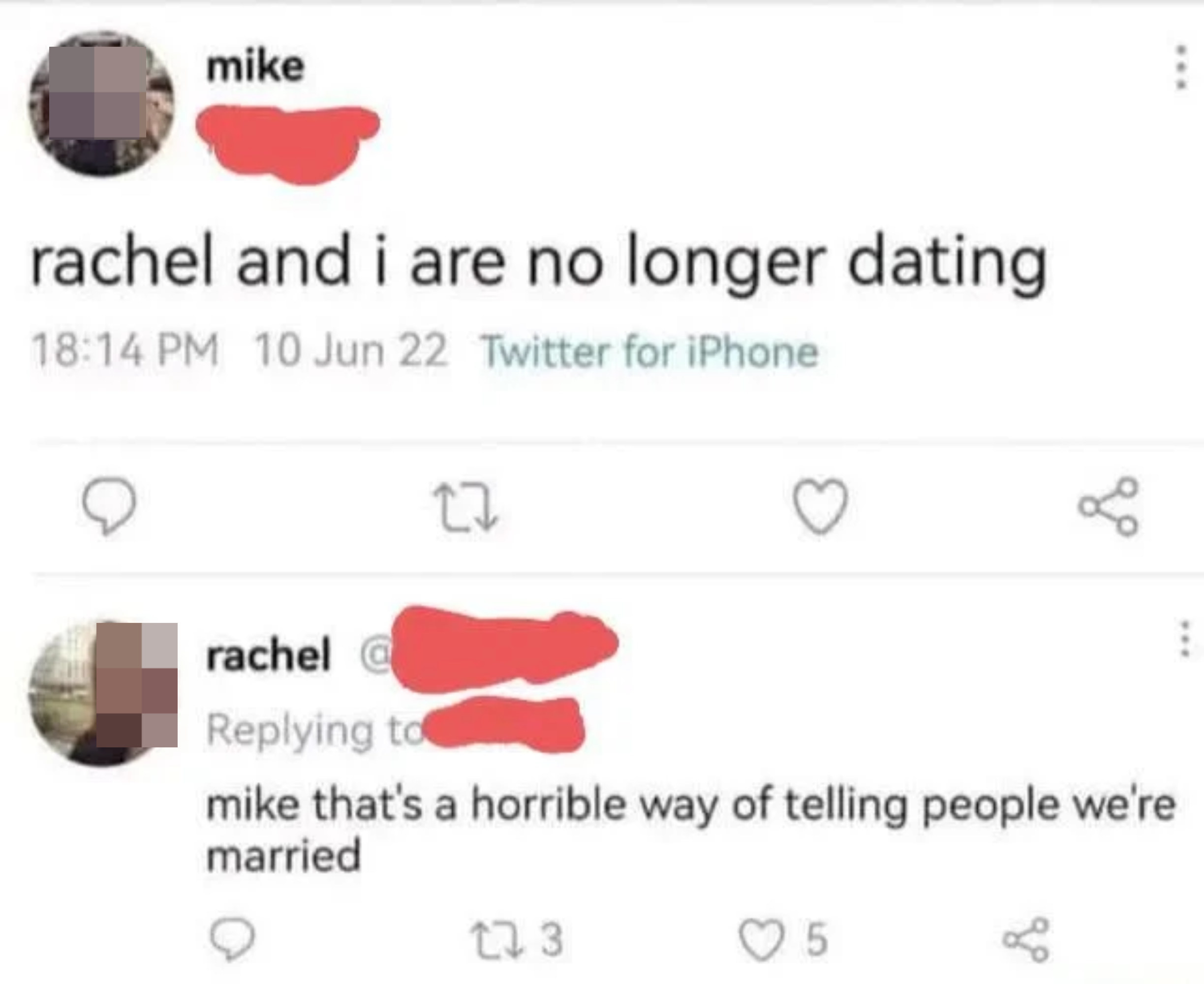 a person saying that he and a woman are no longer dating and the woman saying that&#x27;s a horrible way to tell people they&#x27;re married