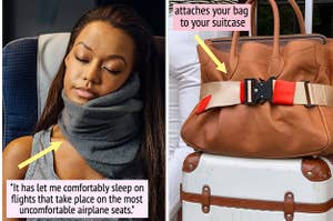 model wearing a gray neck pillow on a plane / a tan and red belt strapping a brown bag to a suitcase handle with text: attaches your bag to your suitcase