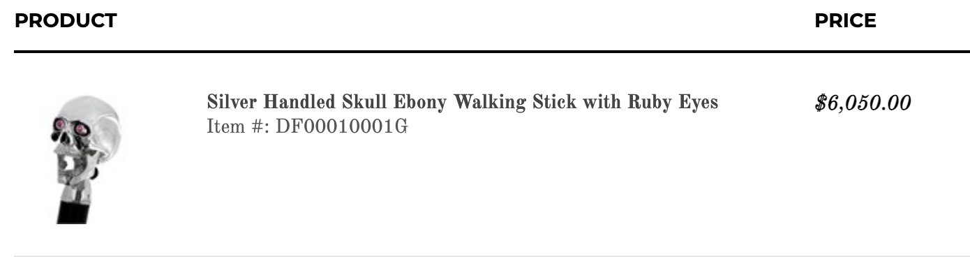 Listing for a walking stick topped with a skull with rubies for eyes, priced at $6,050