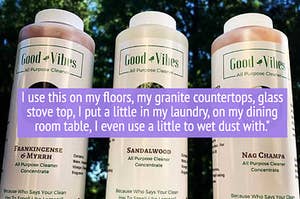 three bottles of all purpose cleaner "I use this on my floors, my granite countertops, glass stove top, I put a little in my laundry, on my dining room table, I even use a little to wet dust with."
