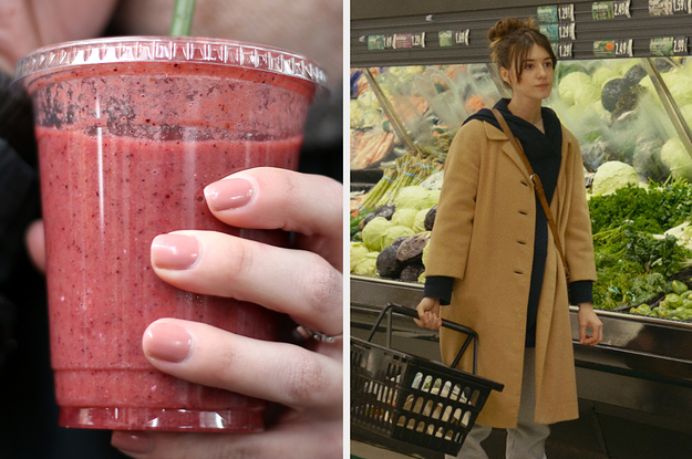 On the left, someone holding a berry smoothie in a plastic to-go cup, and on the right, Daisy Edgar-Jones standing in the produce aisle at the grocery store as Noa in Fresh