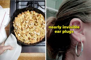 silicone grabber used with a cast iron pan, person wearing ear plugs you almost can't see