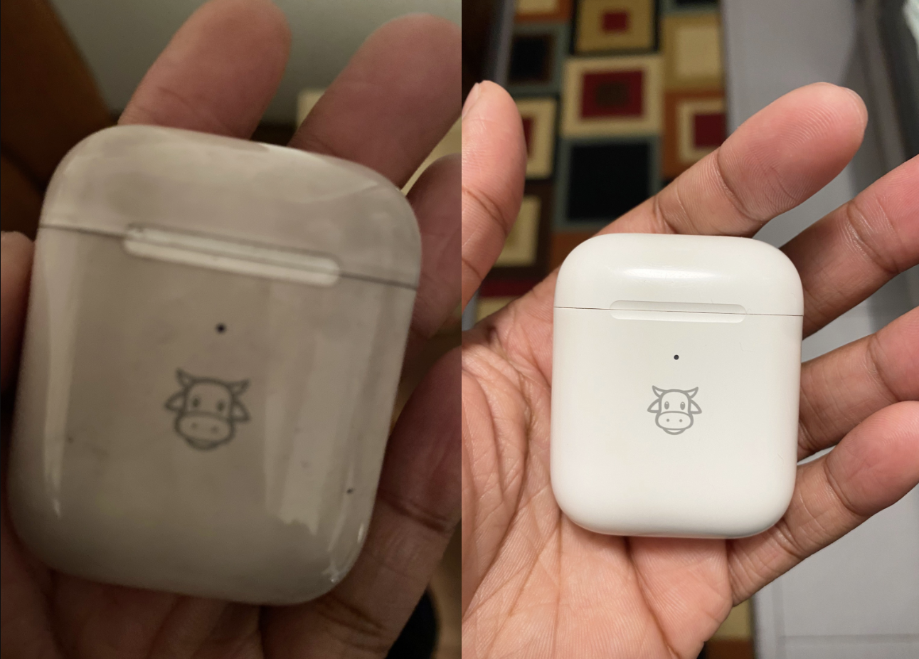 reviewer pic of dirty Airpod case and then the same one clean and looking brand new