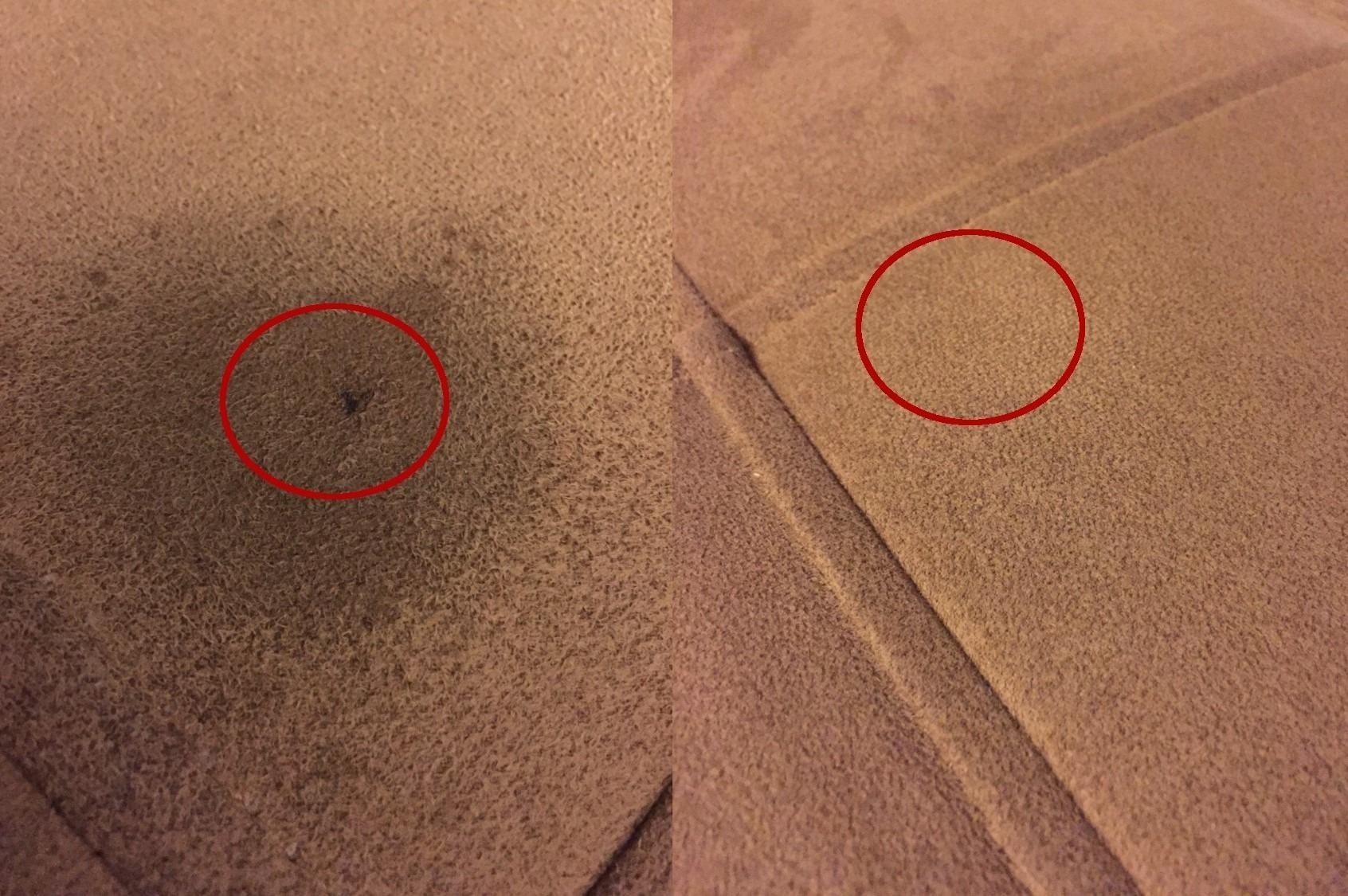 reviewer&#x27;s before and after images of a dark brown stain on a suede couch that then disappears