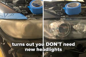 cloudy headlight, then the same headlight cleaned and looking new