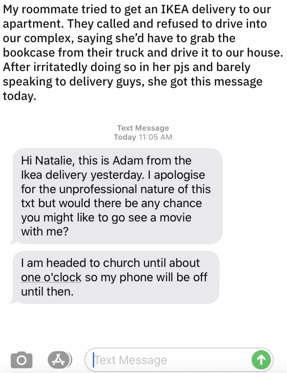 Text from a man asking a woman to go see a movie