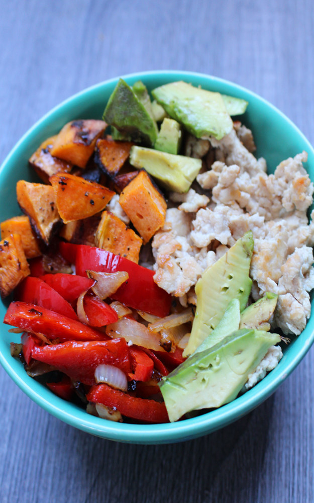 A turkey and vegetable rice bowl.