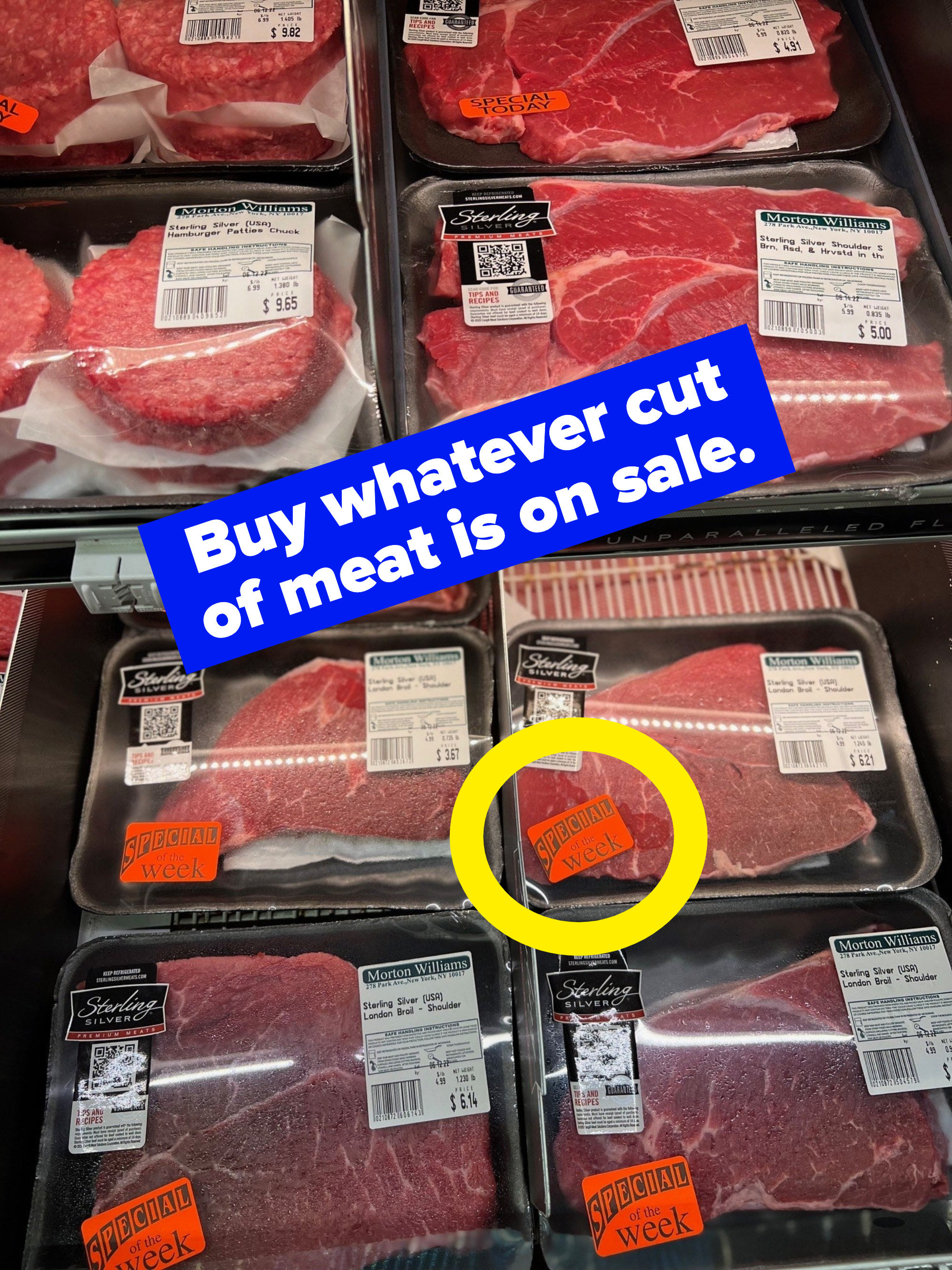 Meat at the grocery store on sale.