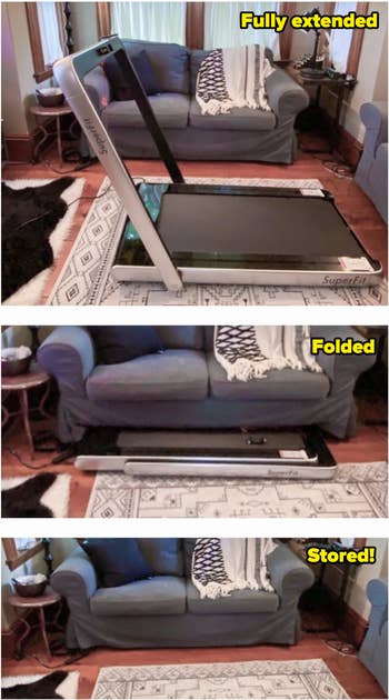 reviewer shows the treadmill stored under couch