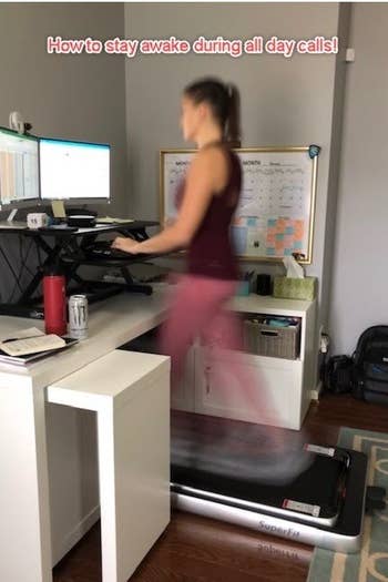 reviewer using the treadmill at their desk with text that reads 