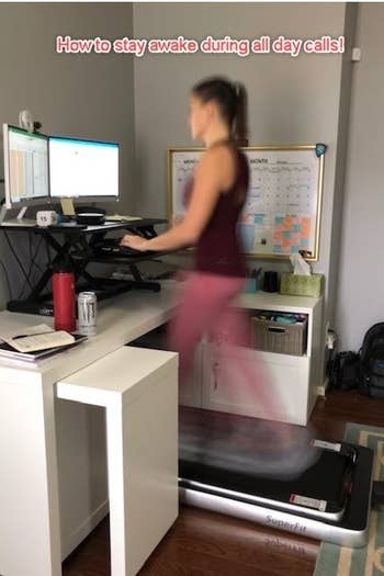 reviewer using the treadmill at their desk with text that reads 