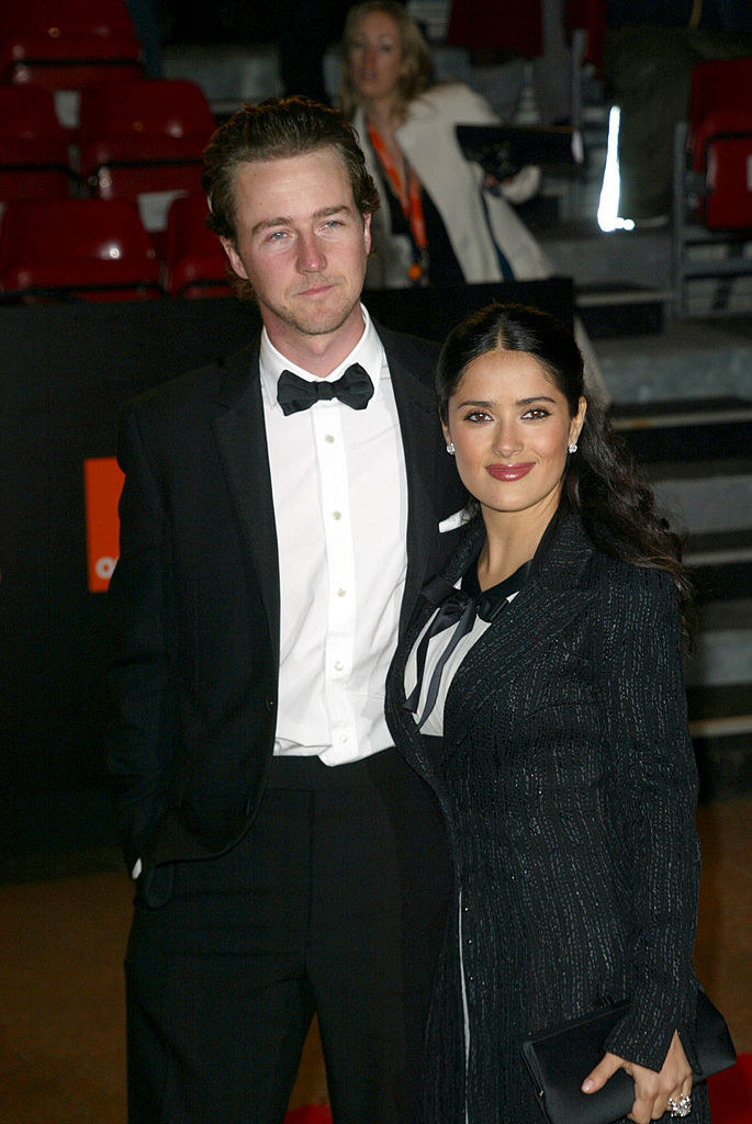 Ed, wearing a bow tie, and Salma on the red carpet
