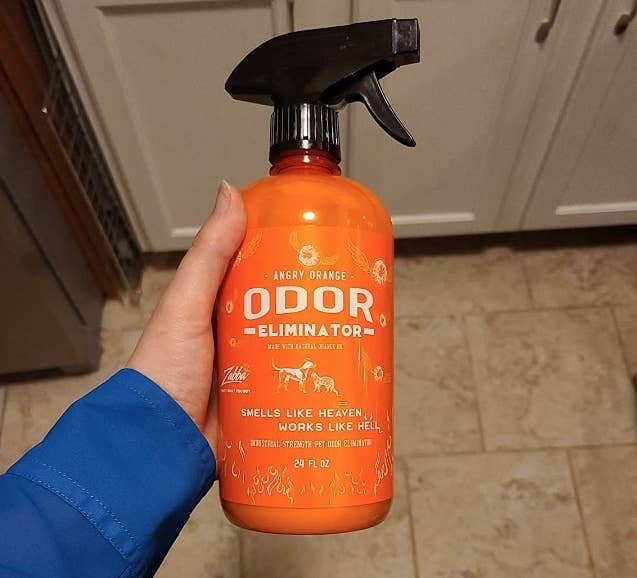 A reviewer&#x27;s photo of the orange bottle of spray
