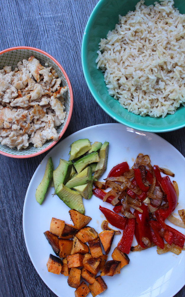 Ground turkey, vegetables, and rice.