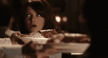 emma stone in &quot;easy a&quot; moaning at a tasty dish