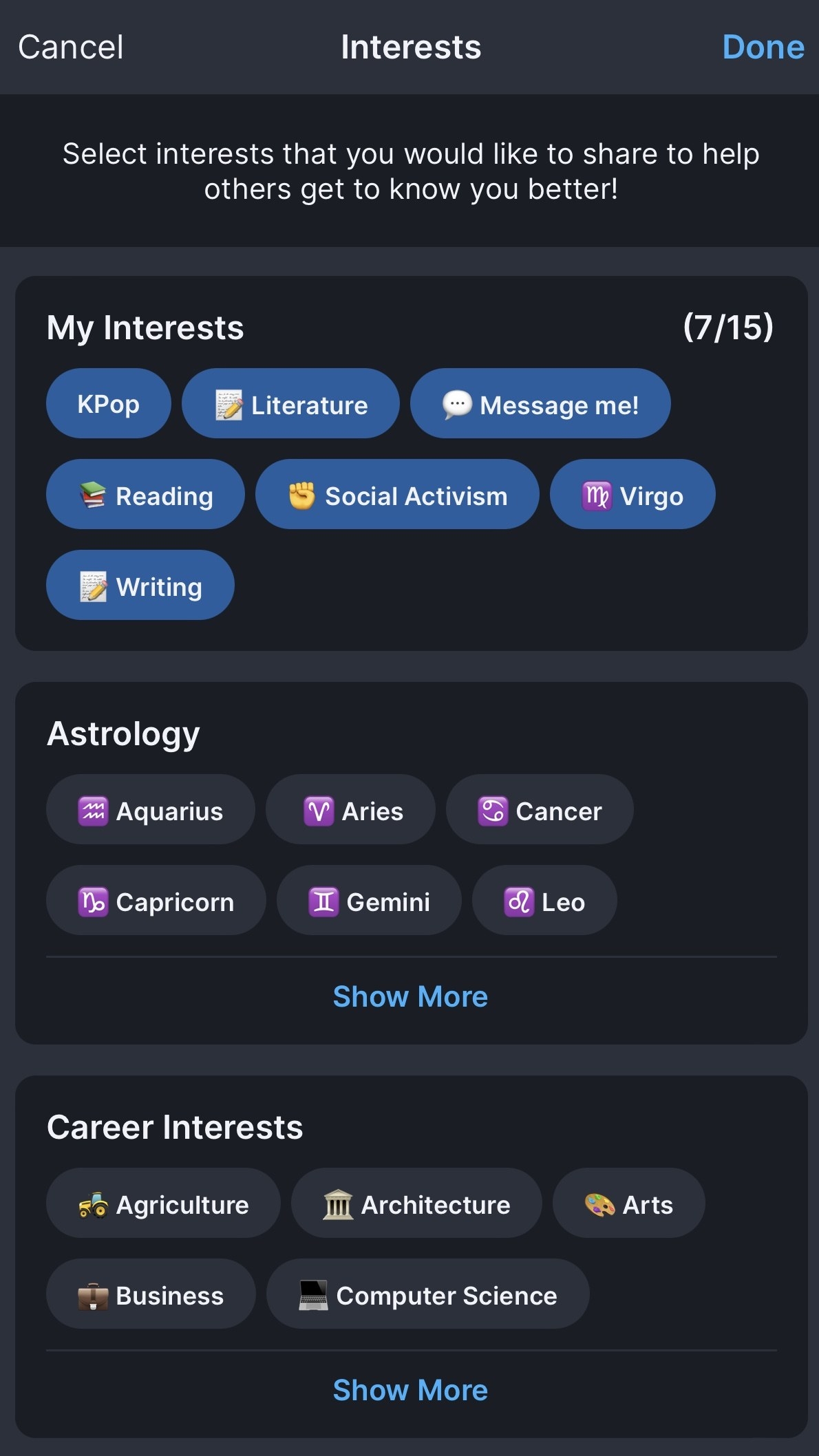 A screenshot showing interests, astrology, and career interests sections on the Patio profile