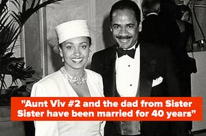 A picture of Tim Reid who played Ray Campbell on Sister, Sister and his wife Daphne Maxwell Reid who played Aunt Viv on The Fresh Prince of Bel-Air stand together smiling