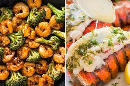 a side by side photo of shrimp and broccoli stir fry and a lobster tail with garlic butter