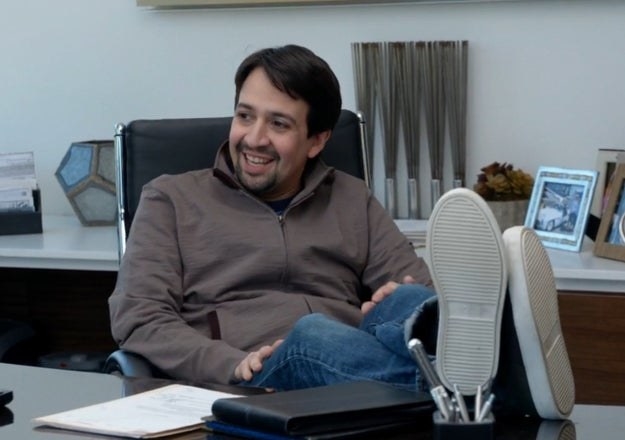 Lin-Manuel Miranda smiles during a meeting with Larry and Jeff in &quot;Curb Your Enthusiasm&quot;