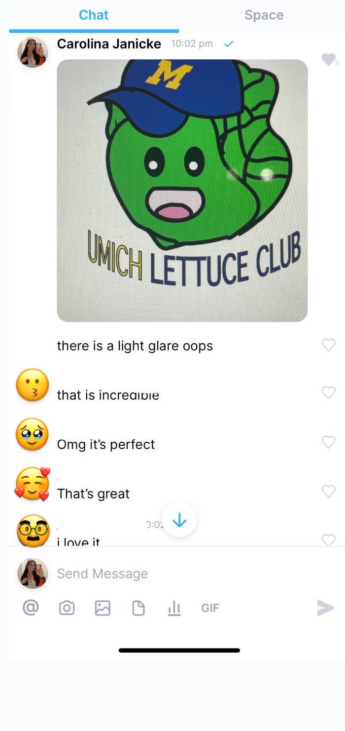 A screenshot of the chat between the Lettuce Club shows people responding positively to a logo Janicke posted of cartoon lettuce in a University of Michigan hat