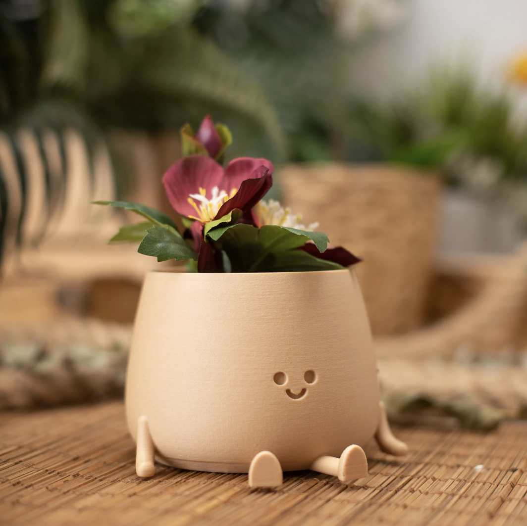 a 3D printed plant pot that looks like a little smiling person