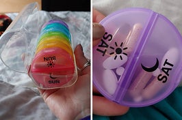 travel pill organizer with removable compartments organized by day and each compartment divided by am and pm