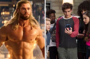 Chris Hemsworth as thor and the cast of high school musical the series crowd around a phone joshua bassett is holding